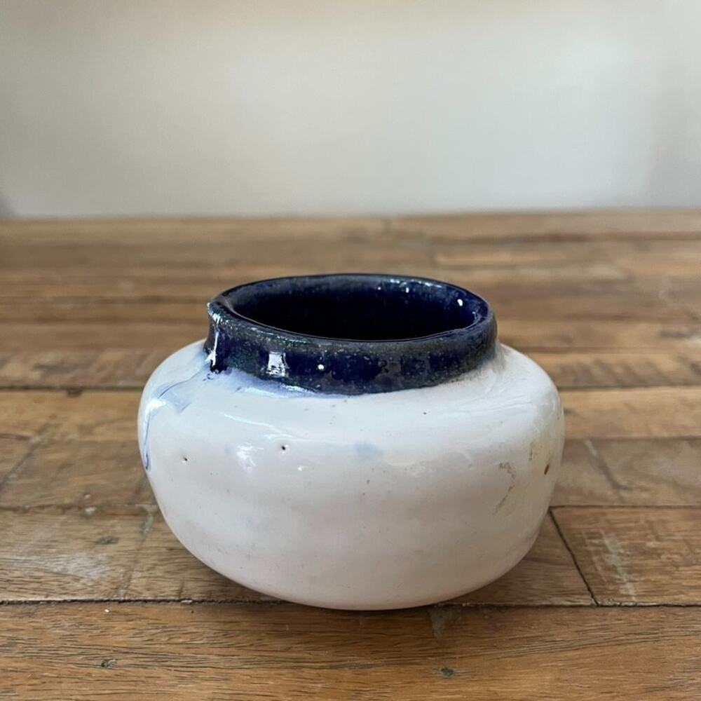 Vintage Studio Art Pottery Bud Vase Blue Rim Textured Glaze